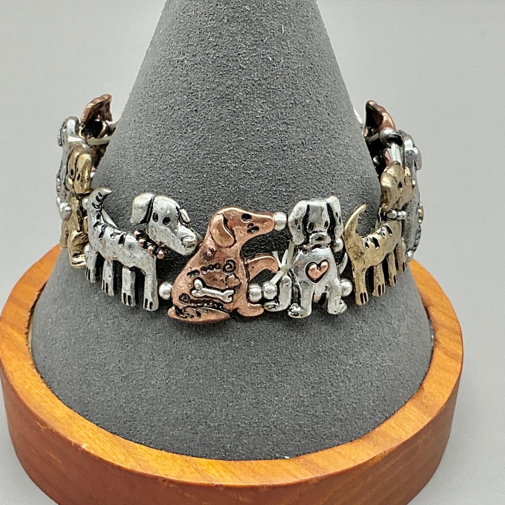 Bracelet Women Mixed Metal Tone Dog Puppy Link Stretch Charm Bracelet 6.5 Inches